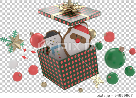 3d Rendering Christmas or new year elements background with decorative balls, star, snow and gif box. Colorful gifts for holidays. Modern design. Isolated  illustration. 94999967