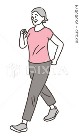 ウォーキング（散歩）するシニア女性の全身ベクターイラスト 95000074