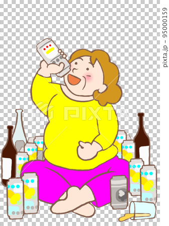 笑顔で缶ビールを飲むアルコール依存症の女性のイラスト 笑顔で缶ビールを飲むアルコール依存症の女性のイラスト 95000159