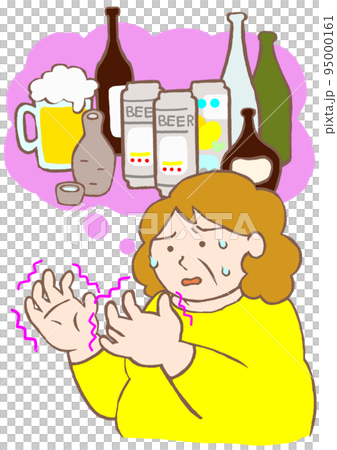 断酒による離脱症状で手の震えがあるアルコール依存症の女性のイラスト 95000161