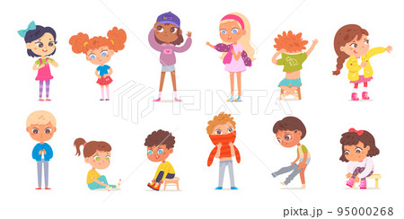 Kids dressing up set, isolated confident adorable girls and boys put up clothes by himself 95000268