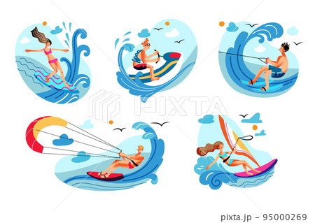 Water sport. Active extreme recreation. Sailing, parasailing, scooting, surfing, skiing. Happy sportive people scene set isolated on white background. Tourism on summer vacation. Vector illustration 95000269