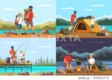 Set of family travelling, active vacation and hiking. Father and son with backpacks go to mountains, fishing, camping, cooking in camp bowler at stake and spend time together. Vector illustrations 95000273