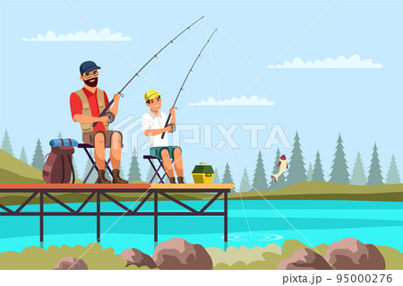 Father and son sitting on pier and fishing with rods. Family travelling, active vacation, hiking, happy fatherhood and childhood, spend time together, hobby concept. Vector character illustration Father and son sitting on pier and fishing with rods. Family travelling, active vacation, hiking, happy fatherhood and childhood, spend time together, hobby concept. Vector character illustration 95000276