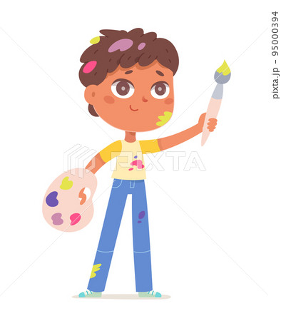 Cute creative little painter holding paint brush and palette to draw vector illustration. Cartoon isolated boy with dirty clothes and messy splatters drawing, fun game of artist 95000394