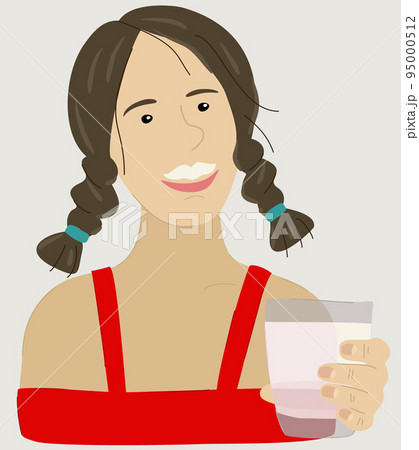 Vector illustration of young girl with glass of milk and milky moustache over her upper lip. Isolated on light background. Vector illustration of young girl with glass of milk and milky moustache over her upper lip. Isolated on light background. 95000512
