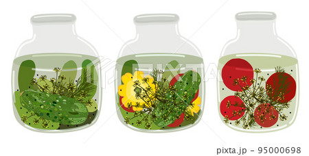 Vector collection of three glass jars of pickled vegetables, cucumbers, tomatoes and pattissons with dill and peppercorns. Isolated on white background. Vector collection of three glass jars of pickled vegetables, cucumbers, tomatoes and pattissons with dill and peppercorns. Isolated on white background. 95000698