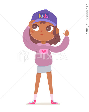 Cute girl wearing cotton baseball cap with kids word, adorable child with funny face 95000747