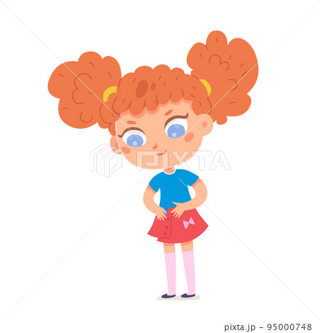 Adorable girl dressing up herself, isolated cute funny kid character buttoning red skirt 95000748