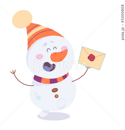 Cute happy snowman holding paper envelope, receiving Merry Christmas greeting card Cute happy snowman holding paper envelope, receiving Merry Christmas greeting card 95000808