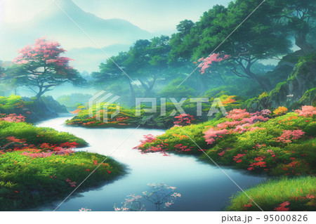 Japan anime scenery wallpaper featuring... - Stock Illustration [95000826]  - PIXTA
