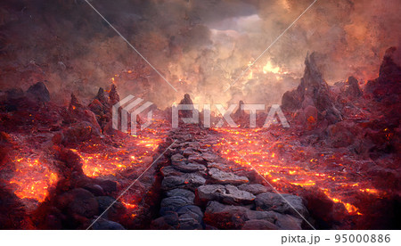 Lava was in the cracks of the earth to view the texture of the glow of volcanic magma in the cracks 95000886