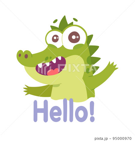 Cute green crocodile character greeting with Hello word, portrait of happy animal 95000970