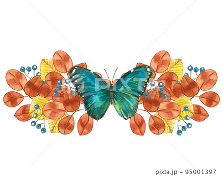 The watercolor composition of yellow leaves and blue butterflies are hand-painted in watercolor on a white background. Suitable for design, fabric printing and scrapbooking of invitations postcards The watercolor composition of yellow leaves and blue butterflies are hand-painted in watercolor on a white background. Suitable for design, fabric printing and scrapbooking of invitations postcards 95001397