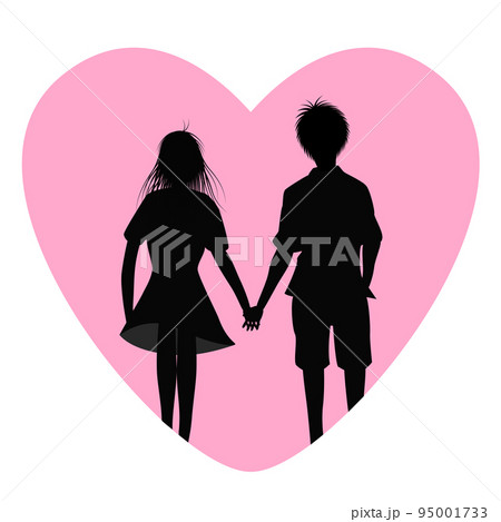 ハートの中に手を繋いだカップルのシルエット。結婚、恋愛のイメージ。 ハートの中に手を繋いだカップルのシルエット。結婚、恋愛のイメージ。 95001733