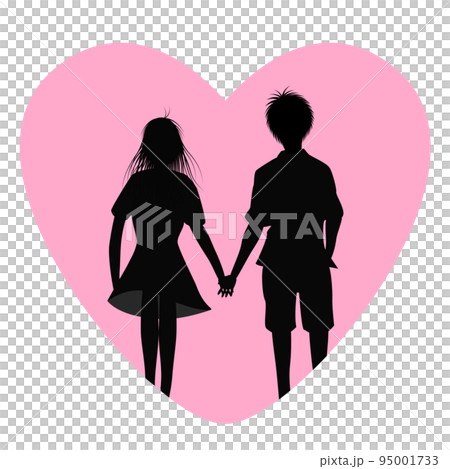 ハートの中に手を繋いだカップルのシルエット。結婚、恋愛のイメージ。 ハートの中に手を繋いだカップルのシルエット。結婚、恋愛のイメージ。 95001733