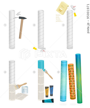Rainsticks handicragt instruction, DIY making of with cardboard tube, the longer the better, long nails, rice, peas, pebbles, wallpaper paste and acrylics to create patter of rain or sound of the sea. 95001971