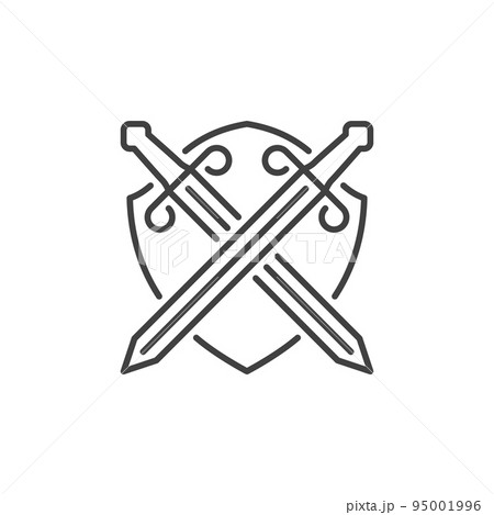 Crossed swords and shield vector outline icon or logo Crossed swords and shield vector outline icon or logo 95001996