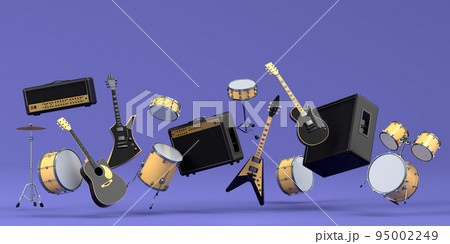 Set of electric acoustic guitars and drums with cymbals on purple background 95002249