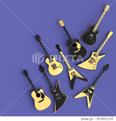 Set of electric acoustic guitars isolated on purple background. 95002250
