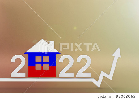 The cost of real estate in Russia in 2022. Rising cost of construction, insurance, rent in Russia. 3d House model painted in flag colors, up arrow on yellow background 95003065