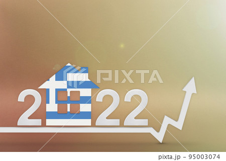 The cost of real estate in Greece in 2022. Rising cost of construction, insurance, rent in Greece. 3d house model painted in flag colors, up arrow on yellow background 95003074