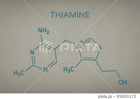 Vitamin B1. Thiamine molecule on paper texture background. Skeletal formula of vitamin b1. Recessed text in green and yellow Vitamin B1. Thiamine molecule on paper texture background. Skeletal formula of vitamin b1. Recessed text in green and yellow 95003172