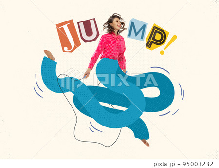 Contemporary art collage. Creative woman. Cheerful young woman jumping on long legs. Good mood 95003232