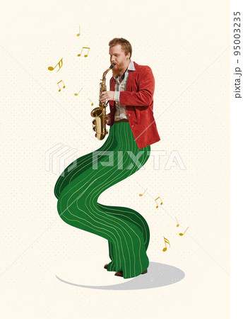 Contemporary art collage. Creative design with stylish man making performance, playing saxophone. Jazz concert Contemporary art collage. Creative design with stylish man making performance, playing saxophone. Jazz concert 95003235