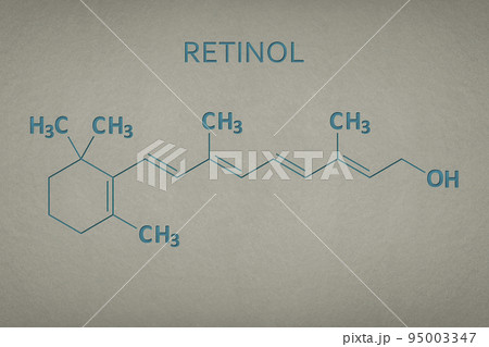 Vitamin A. Retinol 3d molecule on paper texture background. Skeletal formula of vitamin a. Recessed text in green and yellow Vitamin A. Retinol 3d molecule on paper texture background. Skeletal formula of vitamin a. Recessed text in green and yellow 95003347