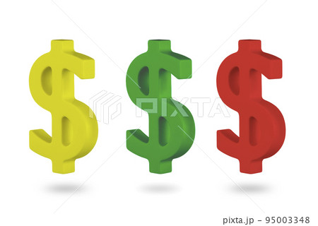 Dollar sign isolated on white background. Three multicolored dollar signs in 3d, yellow green and red 95003348