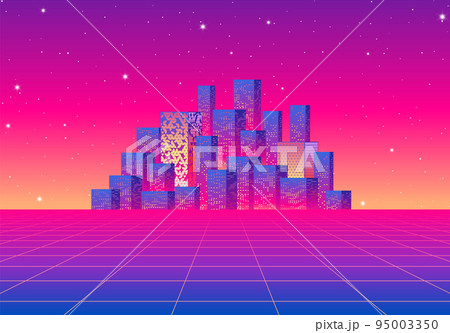 Neon city landscape with synthwave or 80s style. Abstract skyline buildings on the purple sky horizon. Neon city landscape with synthwave or 80s style. Abstract skyline buildings on the purple sky horizon. 95003350