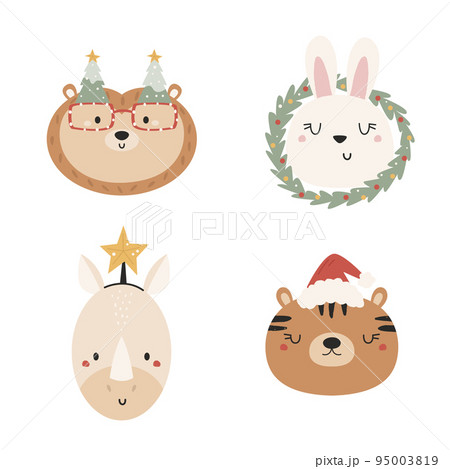 Vector illustration with cute animal faces in chrostmas decorations 95003819