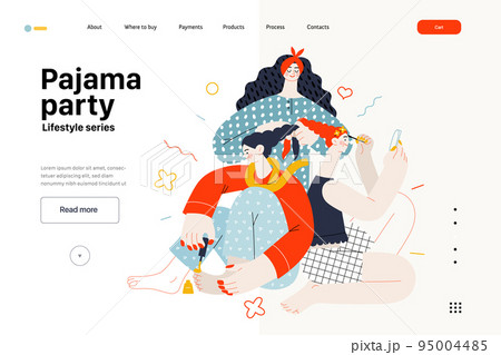 Lifestyle web template -Pajama party -modern flat vector illustration, female friends wearing pajamas amusing themselves together wearing makeup doing hair, painting toenails People activities concept 95004485