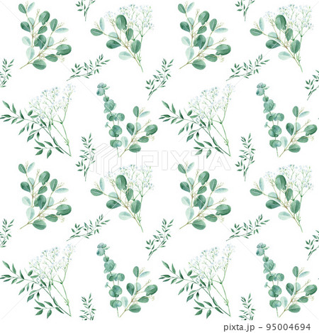 Seamless pattern with eucalyptus, gypsophila and pistachio branches on white background. Watercolor illustration. Can be used for wedding prints, gift wrapping paper, backgrounds for Valentine's day 95004694