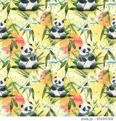 Cute pandas in bamboo thickets against the background of bright red and orange, the eastern sun. Watercolor illustration. Seamless pattern from a BAMBOO set. For fabric, wallpaper and textiles. 95004768
