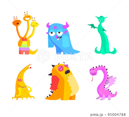 Cartoon Monsters with Horns and Wings Having Smiling and Friendly Snout Vector Set 95004788