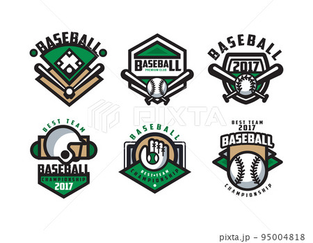 Baseball Championship Badge and Emblem with Bat, Ball, Glove and Helmet Vector Set 95004818