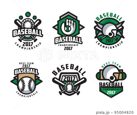 Baseball Championship Badge and Emblem with Bat, Ball, Glove and Helmet Vector Set 95004820