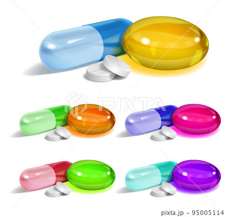 Set of oblong and elliptical multicolored capsules and white round pills Set of oblong and elliptical multicolored capsules and white round pills 95005114