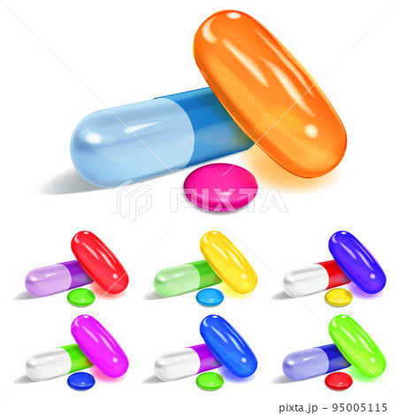 Set of oblong and elliptical multicolored capsules and round pills 95005115