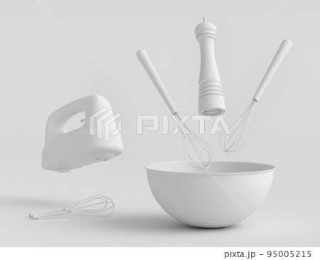 Metal bowl with electric mixer and cookie cutters on monochrome background 95005215