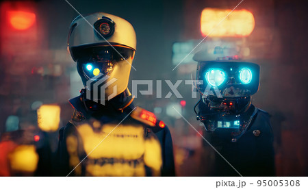 Futuristic neon city night scene with two robot policemen. Neural network generated art. Digitally generated image. Copy space Futuristic neon city night scene with two robot policemen. Neural network generated art. Digitally generated image. Copy space 95005308