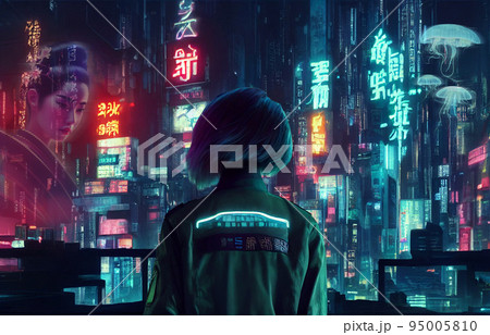Concept art illustration of woman soldier in cyberpunk city at night 95005810