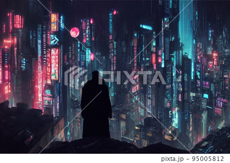Concept art illustration of cyberpunk avenger standing on top of the building and looking at cityscape 95005812