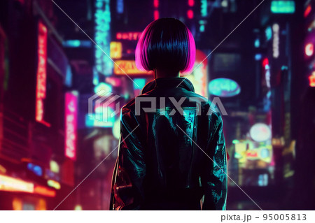 Concept art illustration of cyberpunk woman in a neon lights city street 95005813