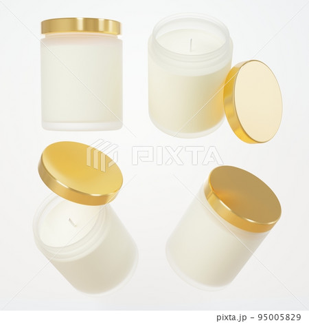 Different views of aromatic candle in frosted glass jar with cotton wick and yellow gold lid 3D render, branding and design ready commercial realistic wax container candle mock-up 95005829