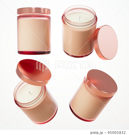 Different views of aromatic candle in glass jar with cotton wick and rose gold lid 3D render, branding and design ready commercial realistic wax container candle mock-up 95005832