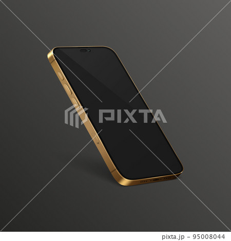 Vector 3d Realistic Yellow Golden Modern Smartphone Design Template with Black Screen. Mobile Phone Isolated. Telephone Device UI UX, Phone in Half Turn View Vector 3d Realistic Yellow Golden Modern Smartphone Design Template with Black Screen. Mobile Phone Isolated. Telephone Device UI UX, Phone in Half Turn View 95008044
