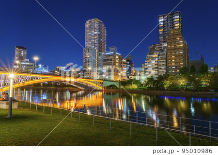 中之島公園　芝生広場から望む天神橋と大阪の夜景 95010986